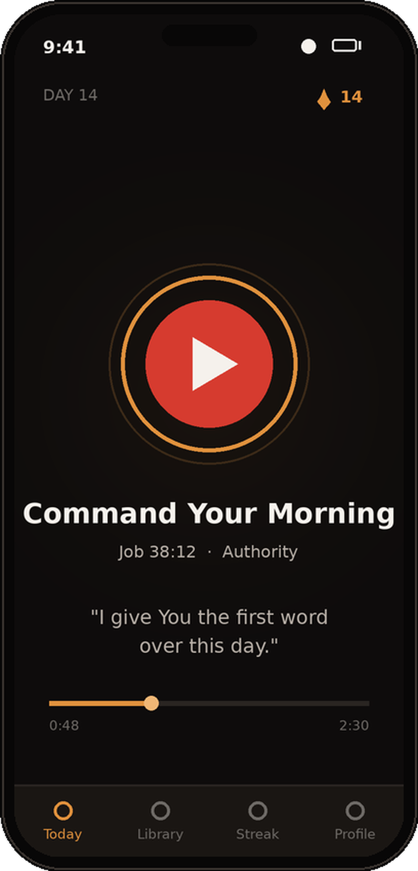 The BYT Daily Prayer player screen showing today's prayer with the amber progress ring and red play control.